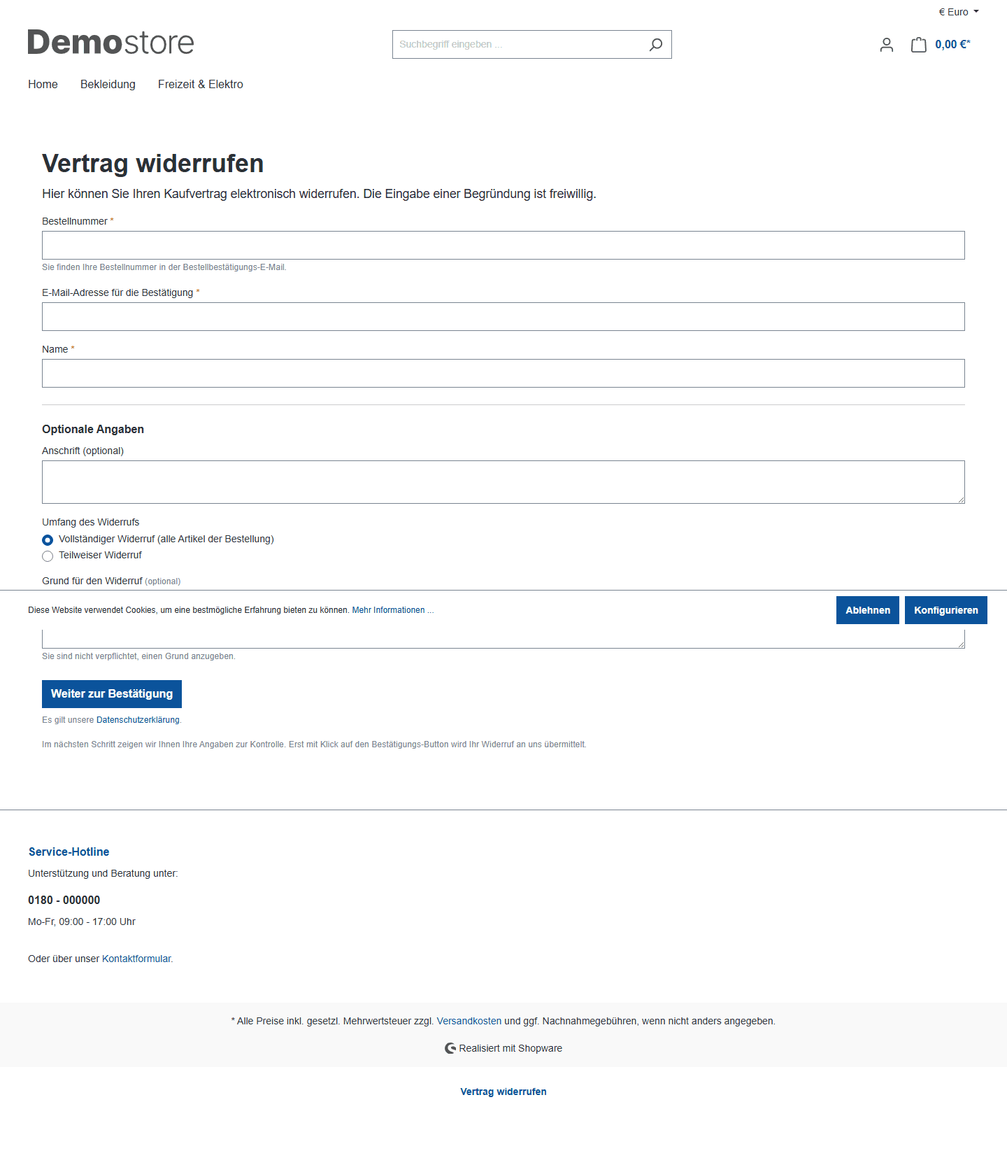 Widerrufsformular im Shopware Storefront — Stufe 1 mit Pflichtfeldern Bestellnummer, E-Mail und Name
