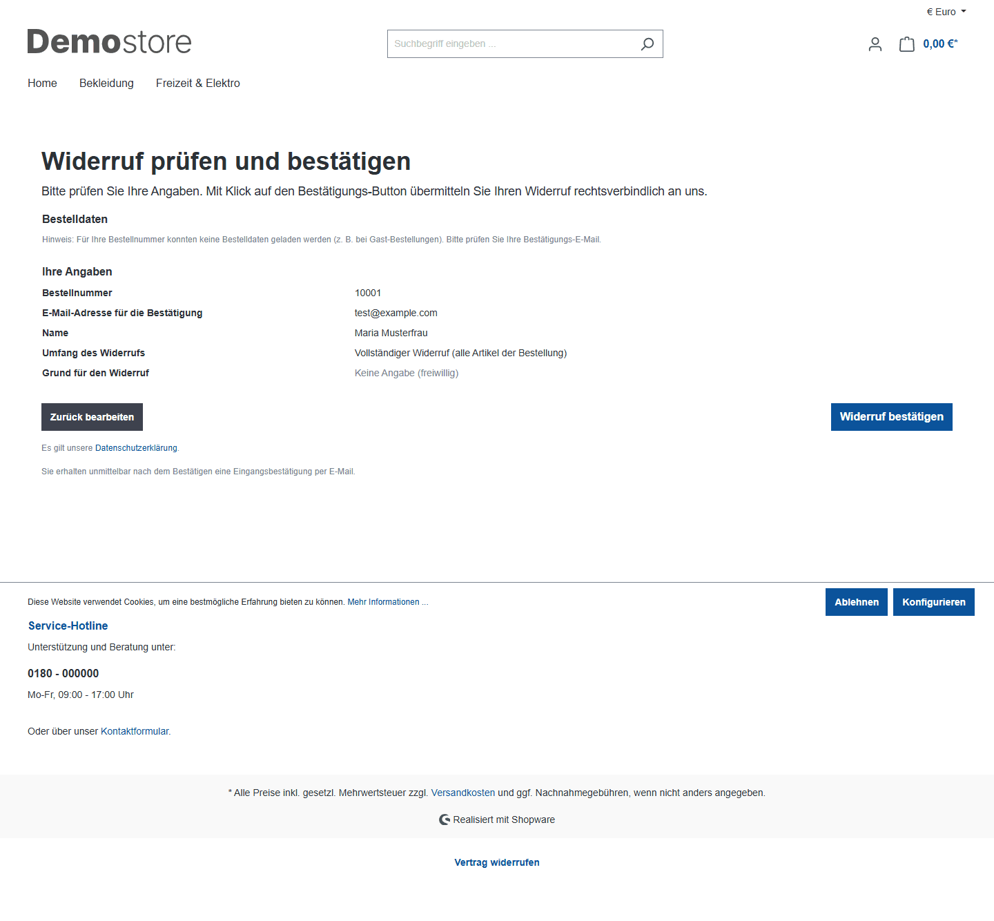 Vorschauseite des Widerrufs — Stufe 2 mit Bestelldaten und Bestätigungs-Button