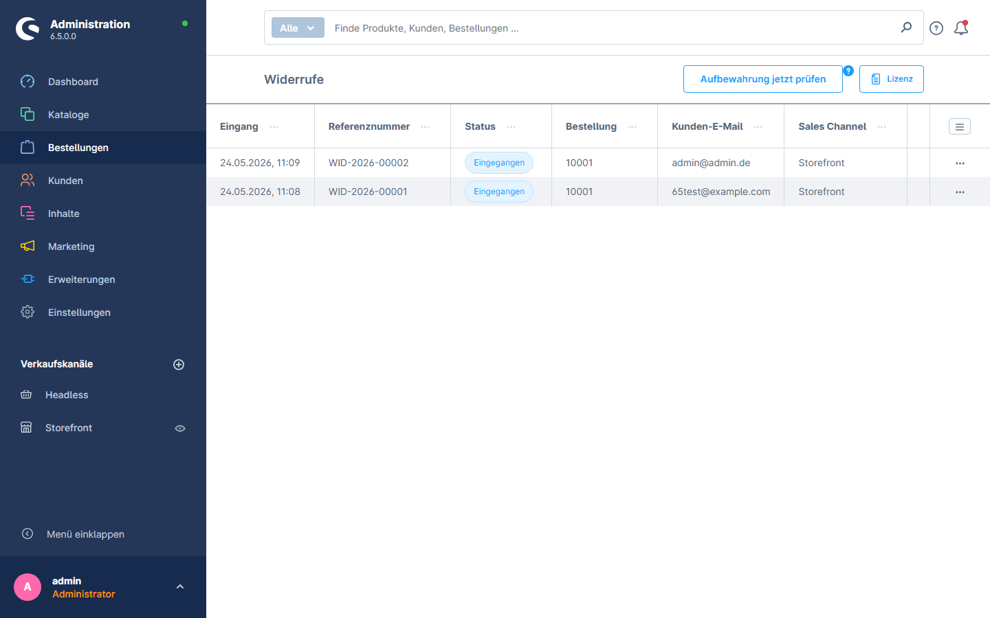 Admin-Übersicht aller Widerrufe im Shopware-Backend