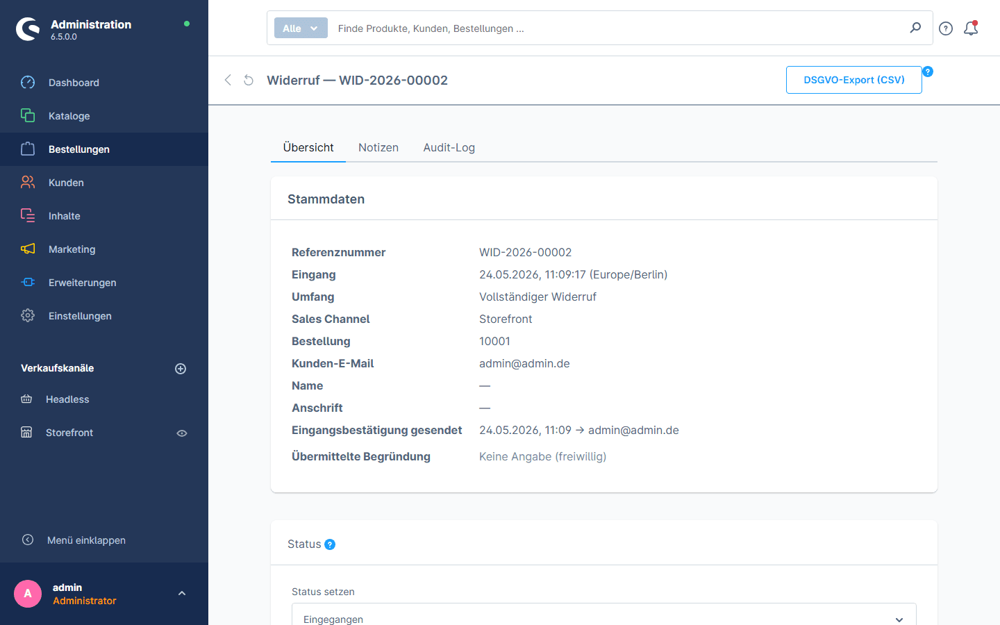 Detailansicht eines Widerrufs mit Stammdaten und Status-Workflow