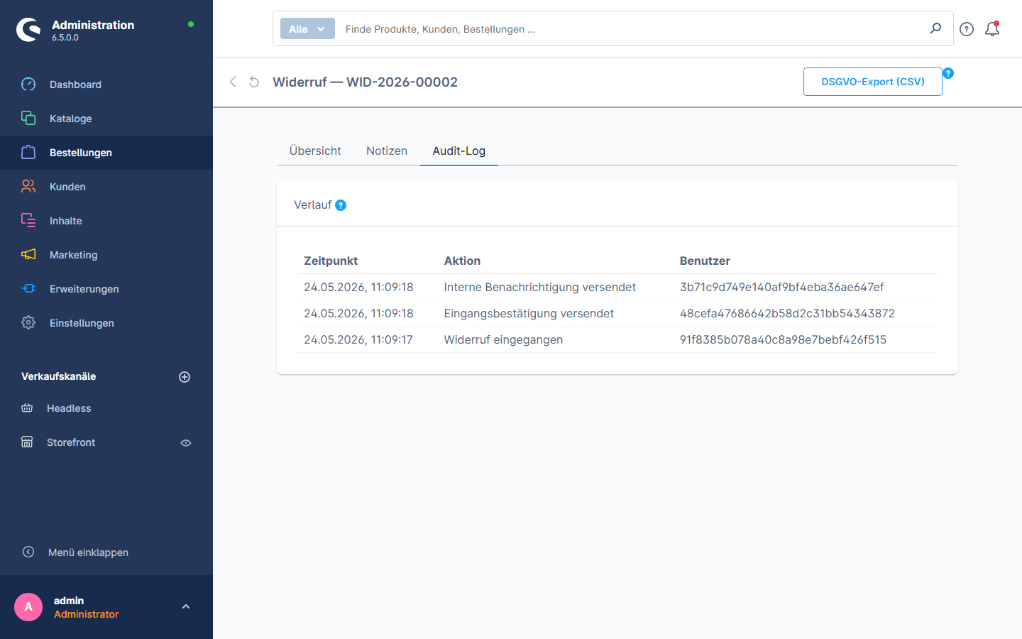 Audit-Log Tab des Widerrufs mit chronologischer Aktions-Historie