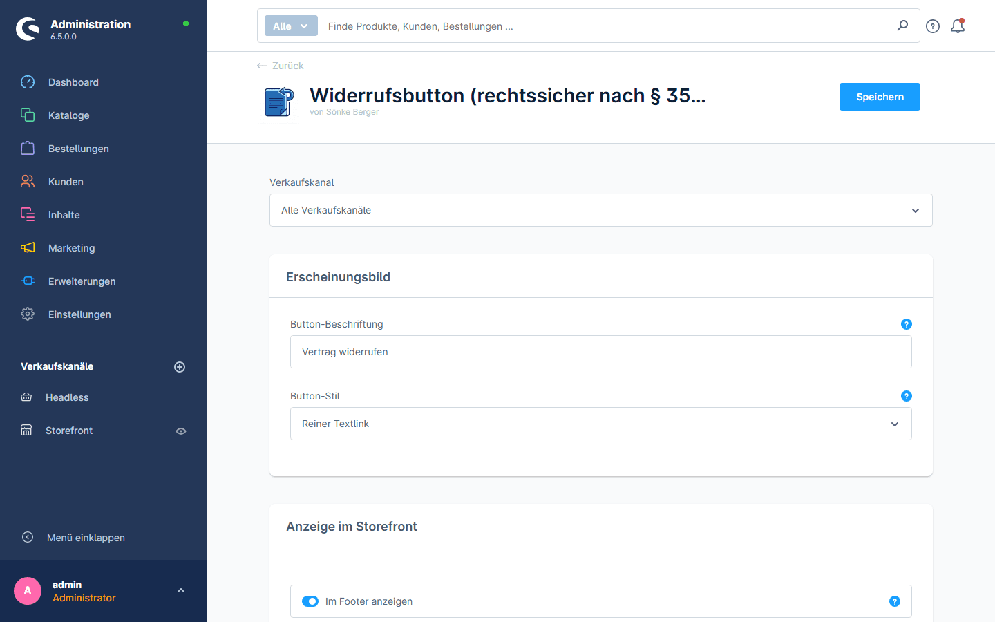 Konfigurationsseite des Widerrufsbutton-Plugins in Shopware-Erweiterungen