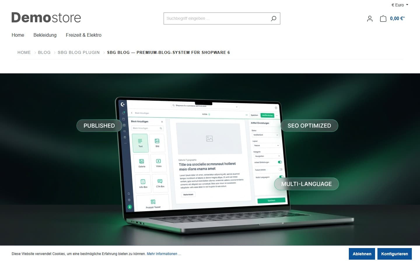 SBG Blog Plugin für Shopware 6 – Feature-Layout mit Block-Editor-Ansicht