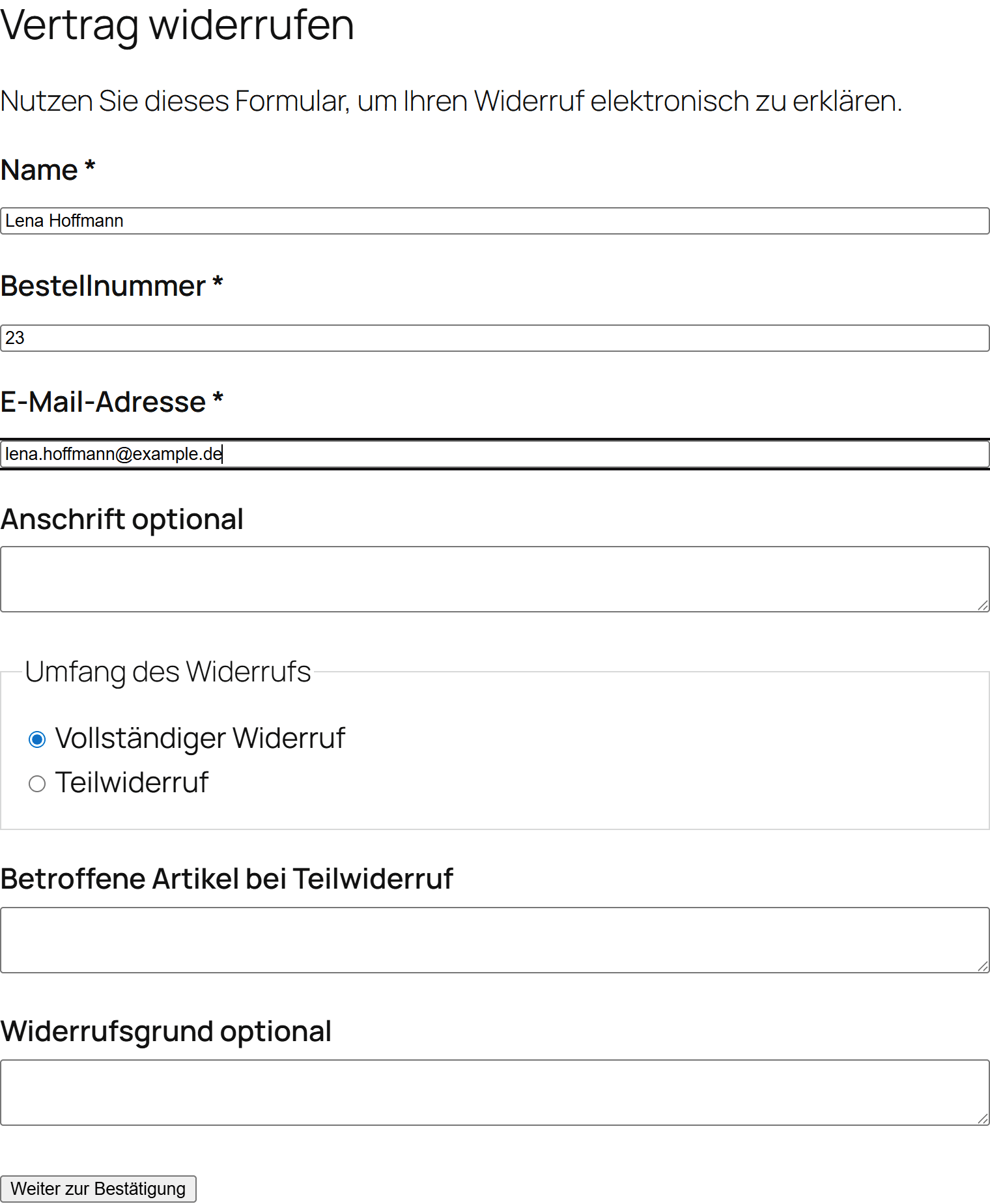 WooCommerce Widerrufsformular – Stufe 1 mit Pflichtfeldern Name, Bestellnummer und E-Mail