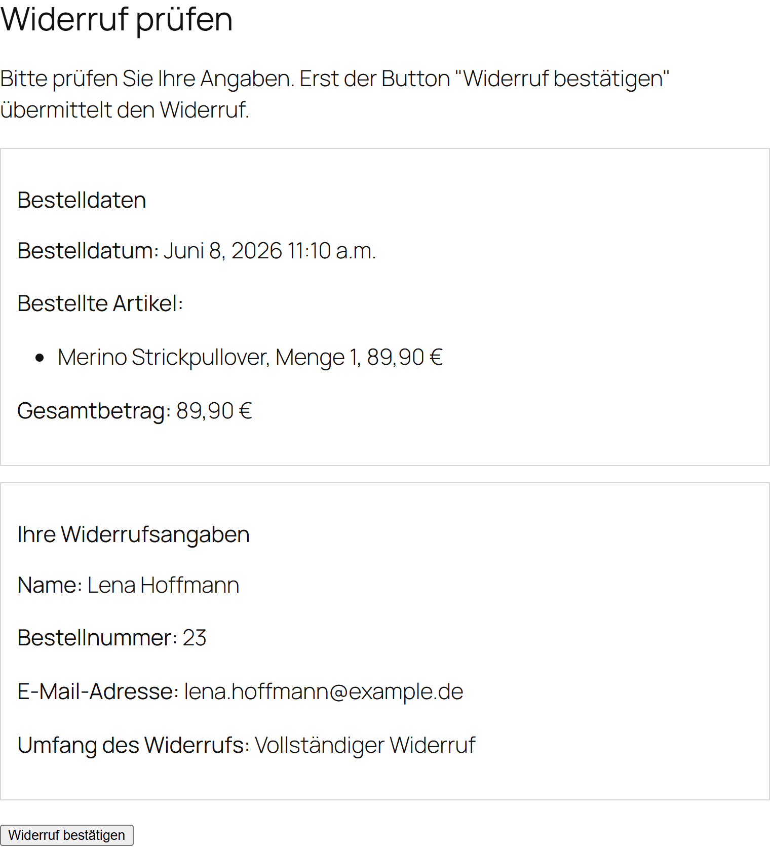 Vorschauseite des Widerrufs in WooCommerce – Stufe 2 mit echten Bestelldaten und Bestätigungs-Button