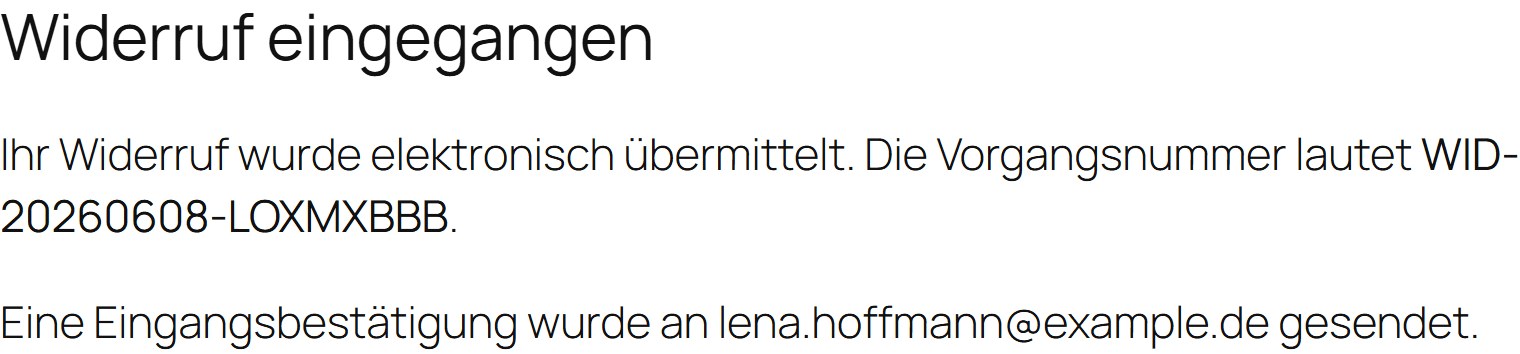 Bestätigungsseite „Widerruf eingegangen“ mit Vorgangsnummer im WooCommerce-Shop