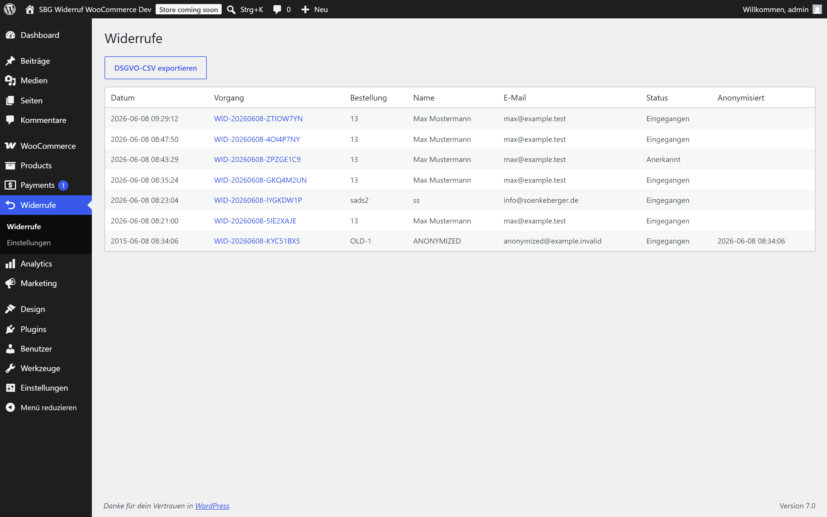 WooCommerce-Backend: Übersicht aller eingegangenen Widerrufe mit Status und DSGVO-Export