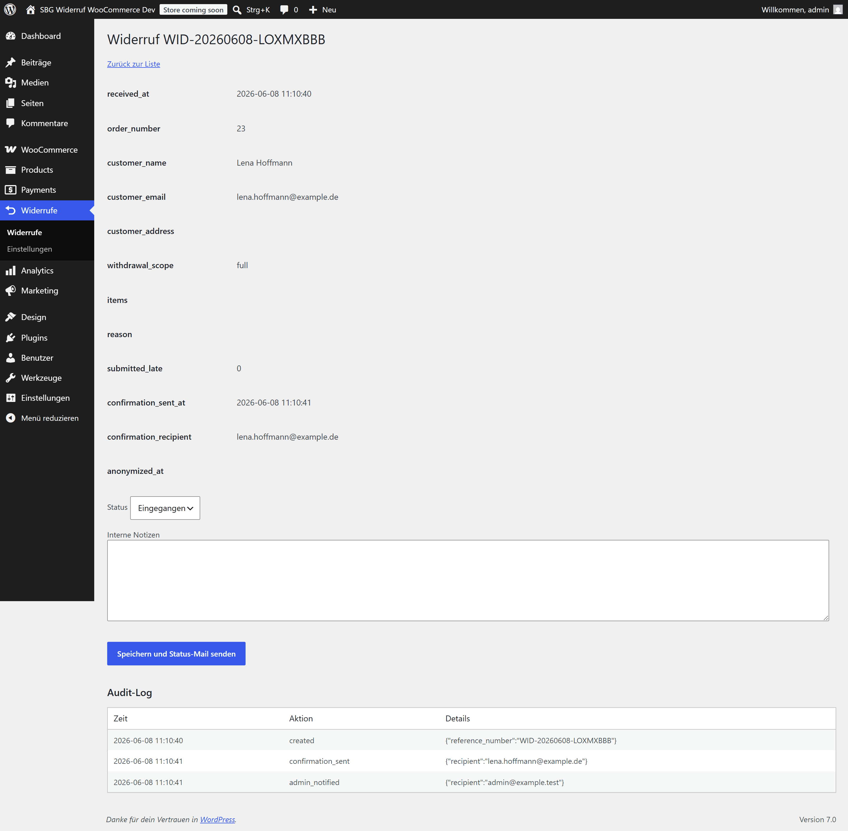 Detailansicht eines Widerrufs im WooCommerce-Backend mit Status-Workflow und Audit-Log
