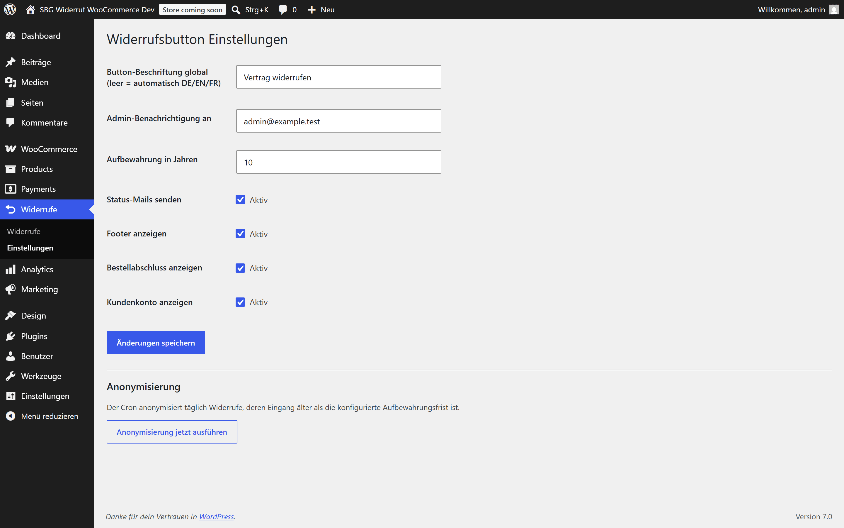 Einstellungsseite des WooCommerce-Widerrufsbutton-Plugins mit Aufbewahrung und Anonymisierung