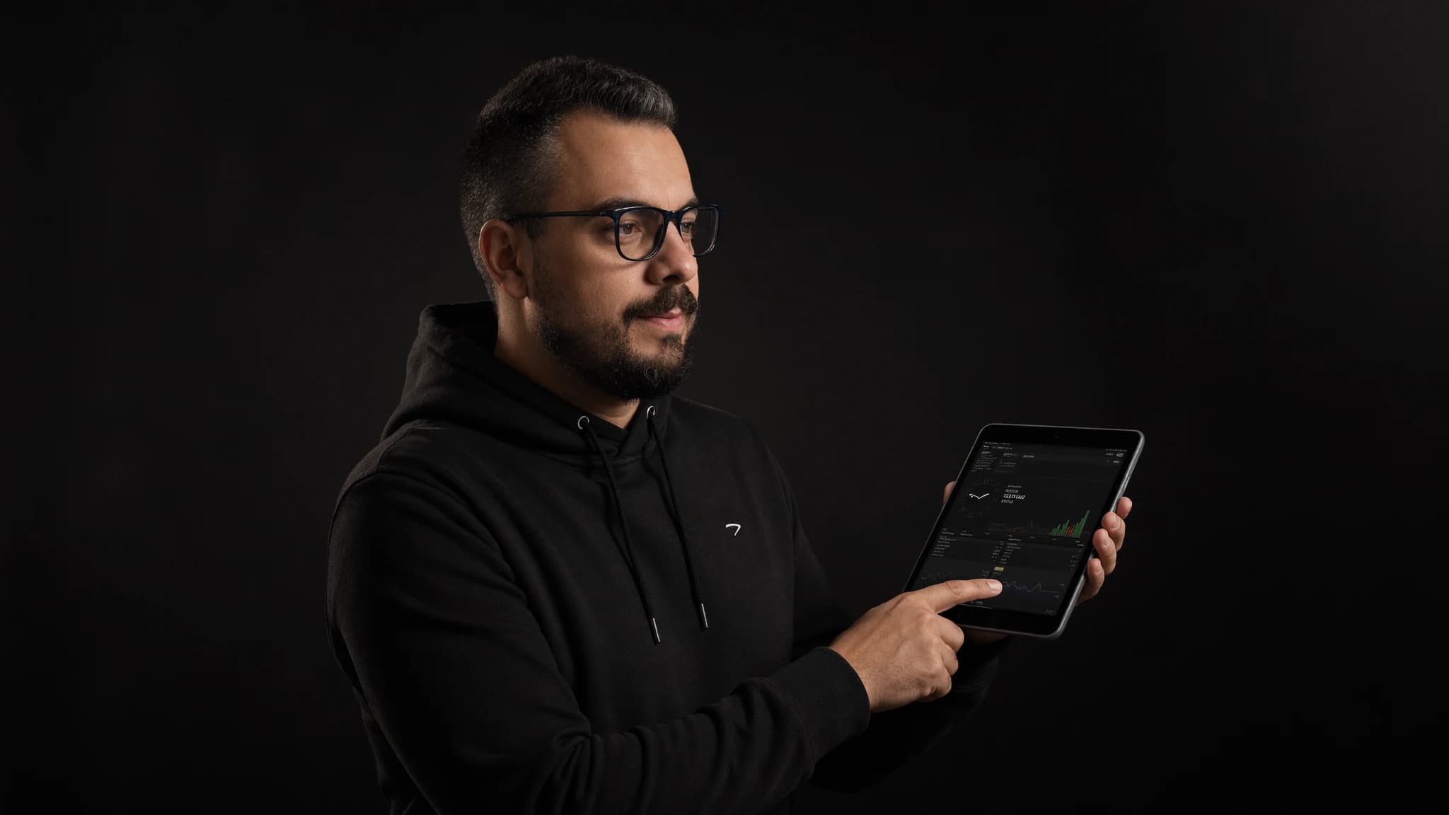 Sönke Berger prüft Shop-Monitoring auf einem Tablet — Care-Plan-Betreuung mit Uptime- und Lighthouse-Monitoring für Shopware-Shops
