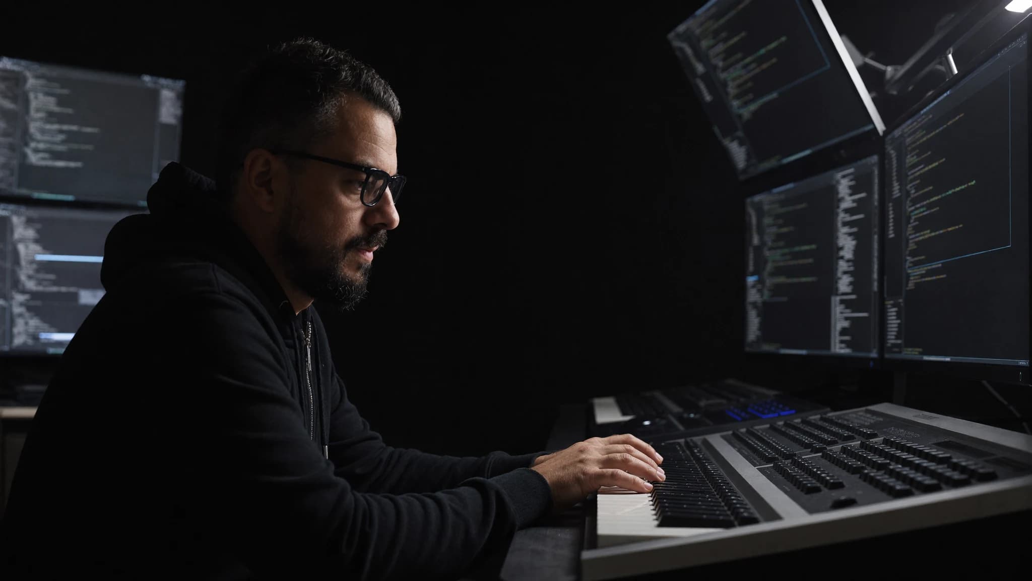 Sönke Berger am Multi-Monitor-Setup mit Code-Editor — Shopware-Entwickler im Deep-Work-Modus, Plugin-Entwicklung und Performance-Sanierung