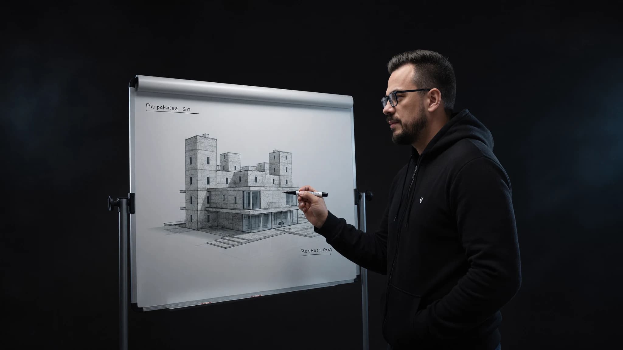 Sönke Berger am Whiteboard mit Architektur-Skizze — WooCommerce-Hilfe mit Plugin-Entwicklung, Performance und Migrations-Planung